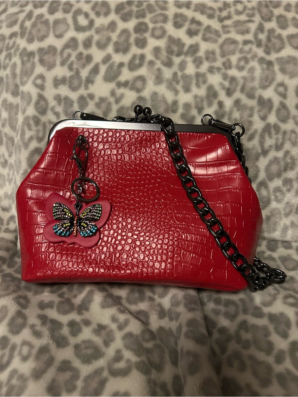 Sharif Red Croc-Embossed Bag with Butterfly Charm